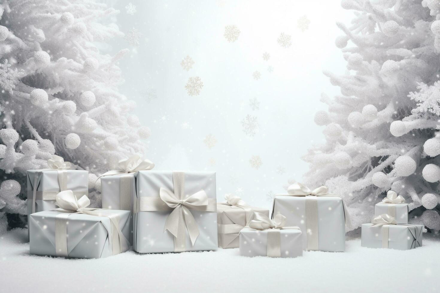 AI generated winter gift with a silver ribbon under a pine tree with a white background and snowflakes. HD Wallpaper photo