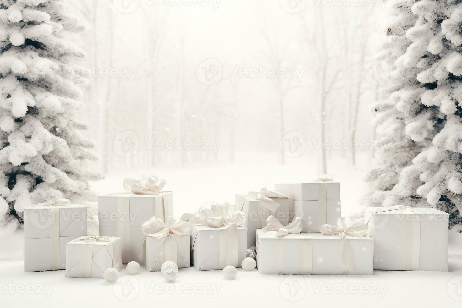 AI generated winter gift with a silver ribbon under a pine tree with a white background and snowflakes. HD Wallpaper photo