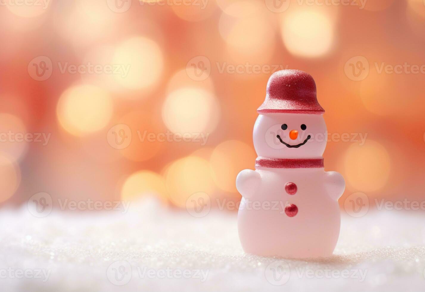 AI generated happy snowman in winter scenery at dusk with copy space photo