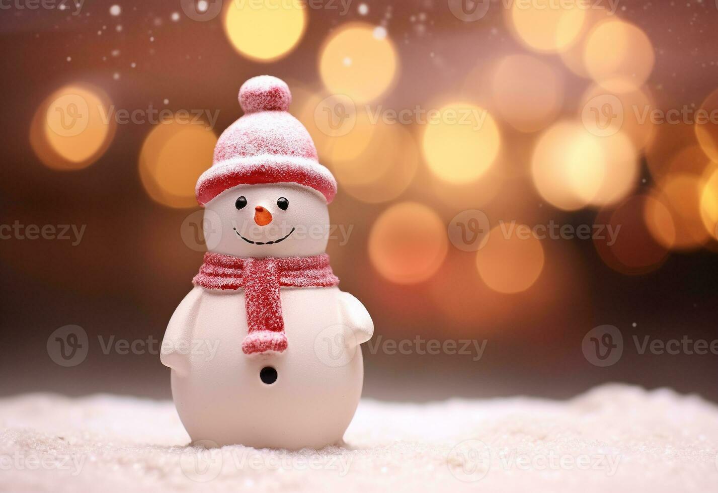 AI generated happy snowman in winter scenery at dusk with copy space photo