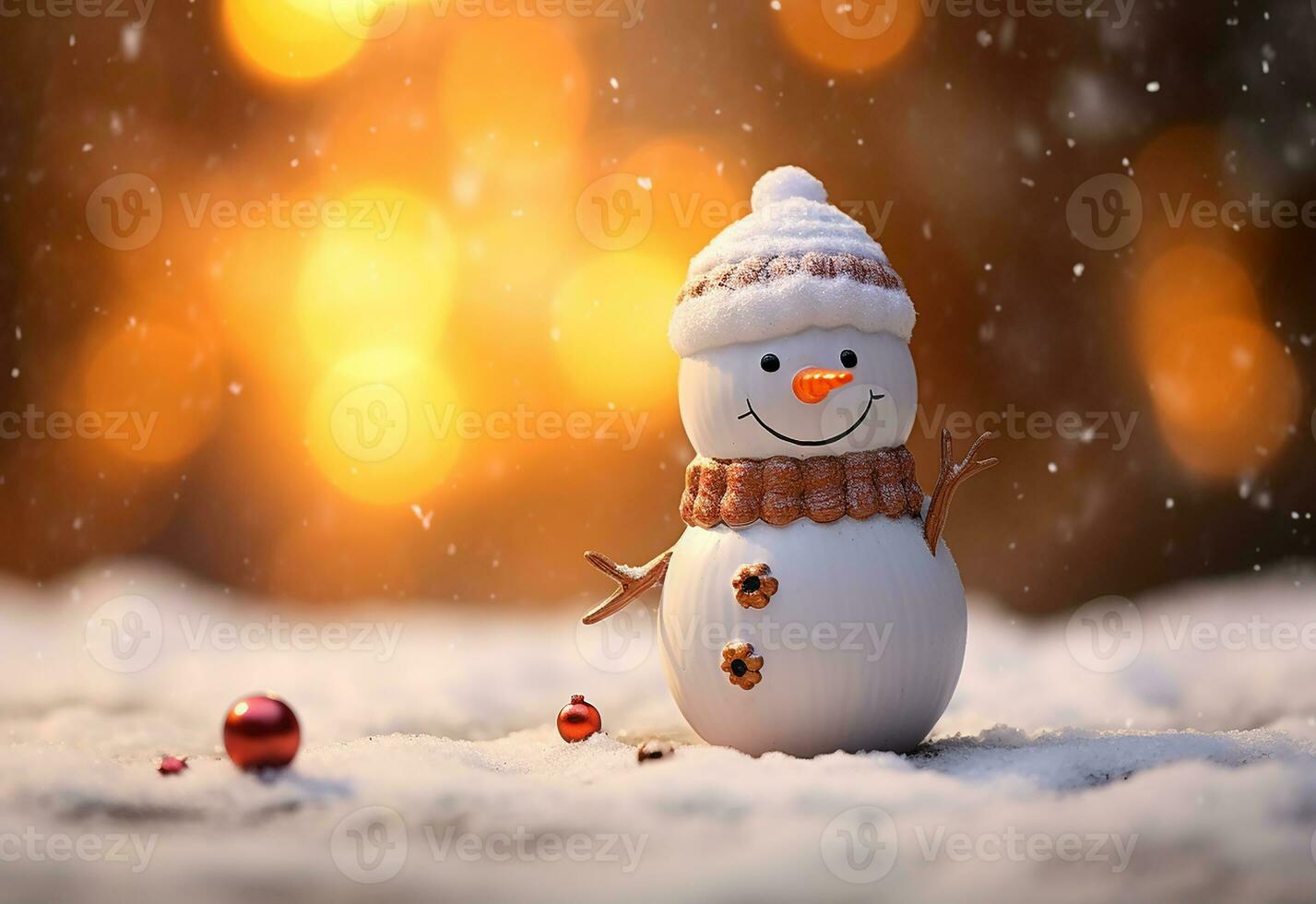 AI generated happy snowman in winter scenery at dusk with copy space photo