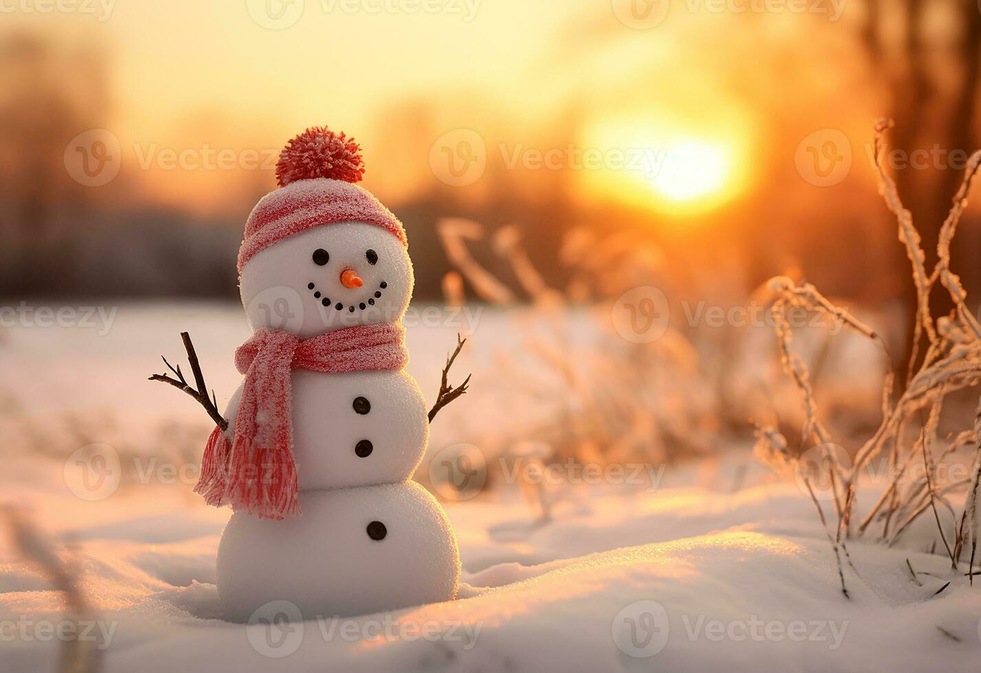 AI generated happy snowman in winter scenery at dusk with copy space photo