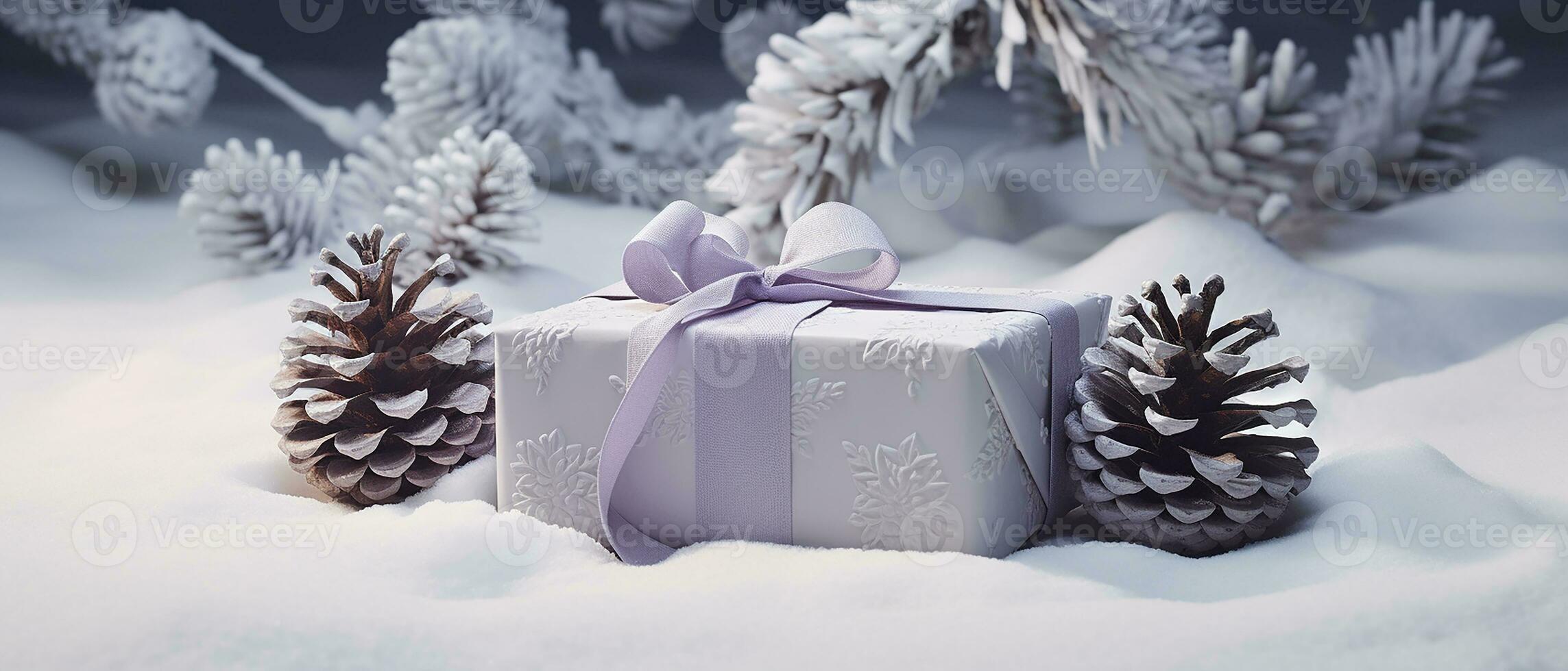 AI generated winter gift with purple ribbon with pinecones on a white background and snowflakes photo