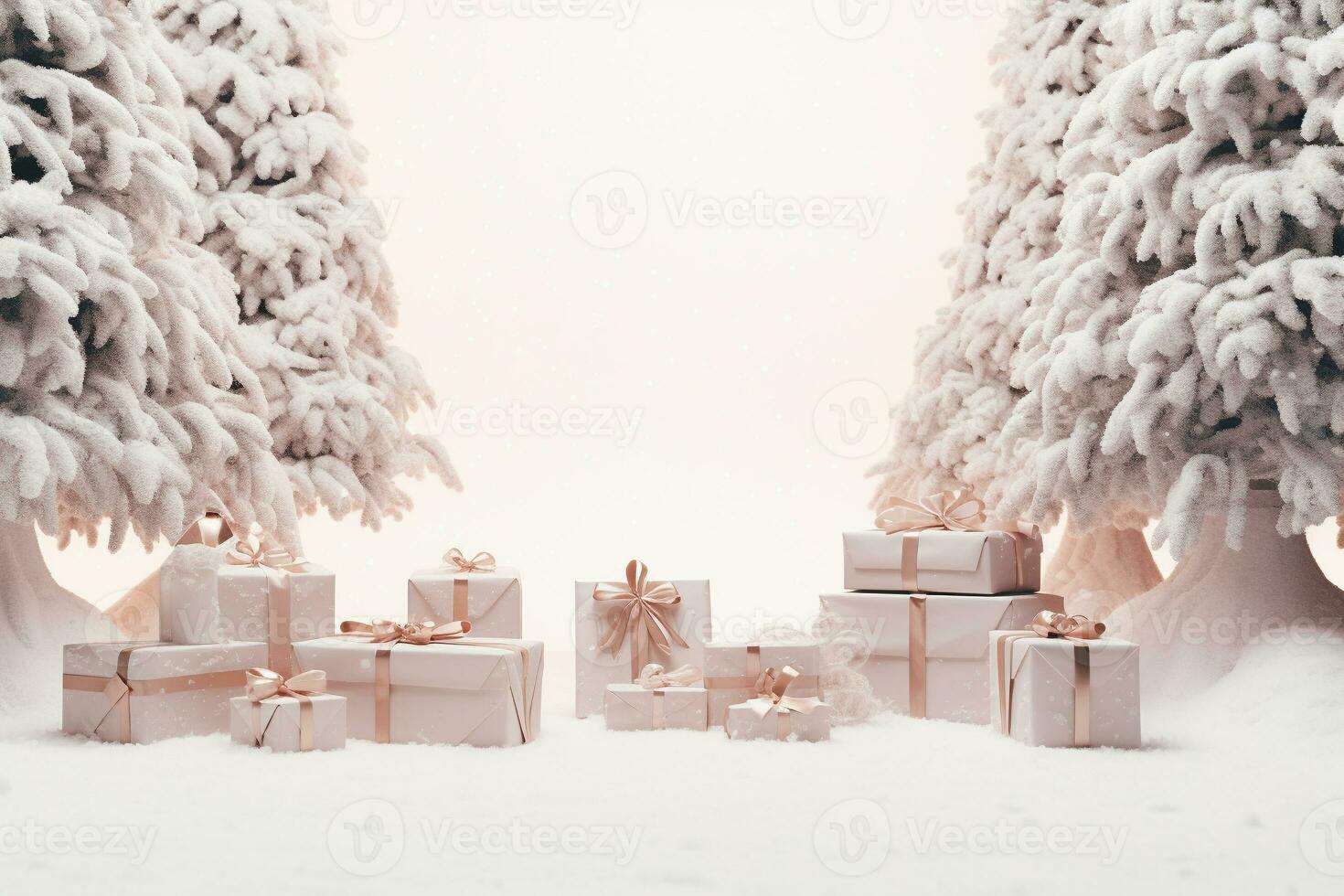 AI generated winter gift with a silver ribbon under a pine tree with a white background and snowflakes. HD Wallpaper photo