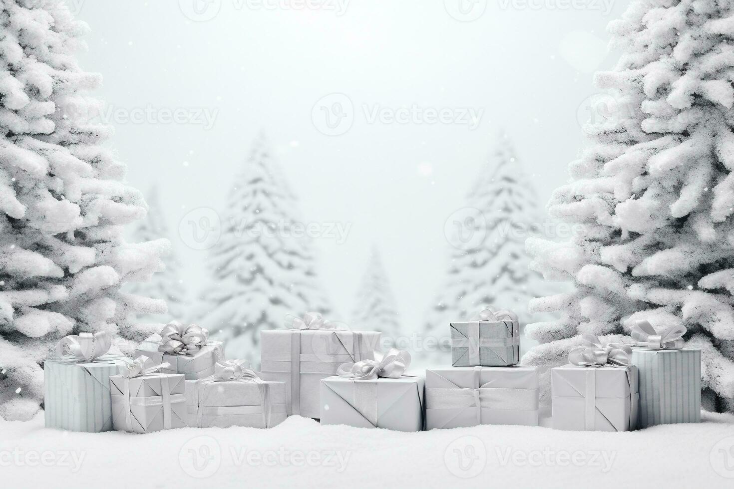 AI generated winter gift with a silver ribbon under a pine tree with a white background and snowflakes. HD Wallpaper photo
