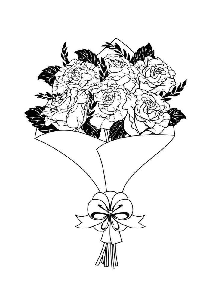 Rosa ramo de flores arte lineal mano dibujado ilustración vector