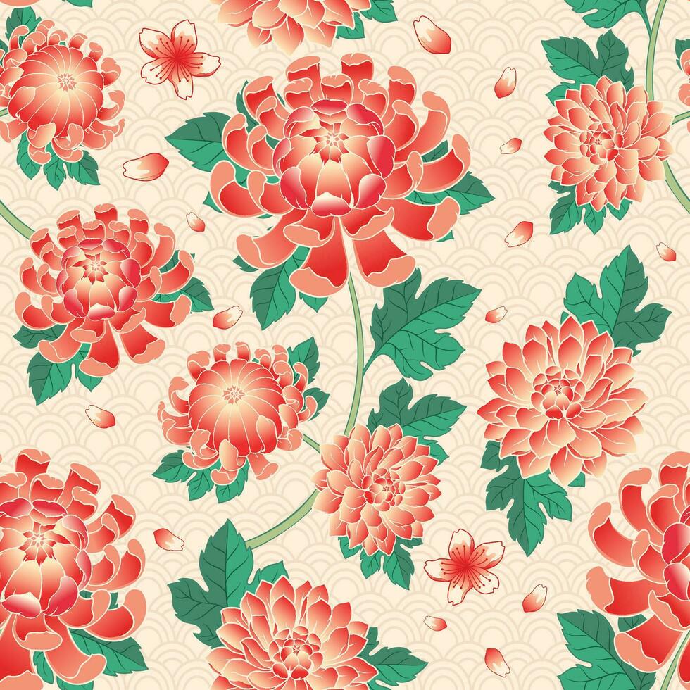 Seamless Pattern of Chrysanthemum Flower with Leaves vector