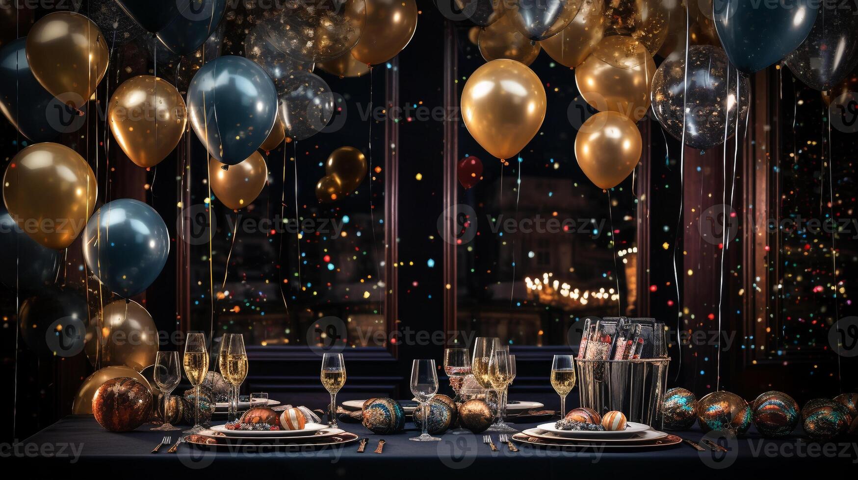 AI generated frame a shot of beautifully decorated new year's eve party settings. Generative AI photo