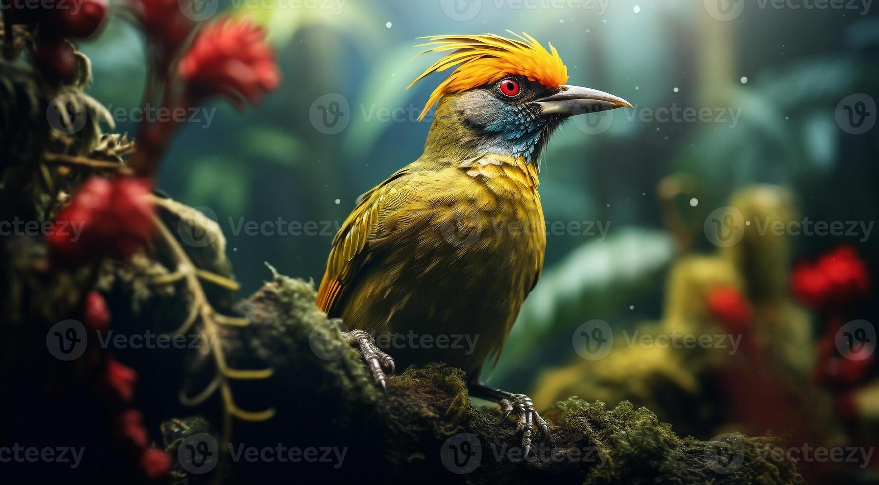 AI generated close-up of atropical wild bird in the forest, tropical wild bird, wild bird in the forest, bird sitting on the tree photo