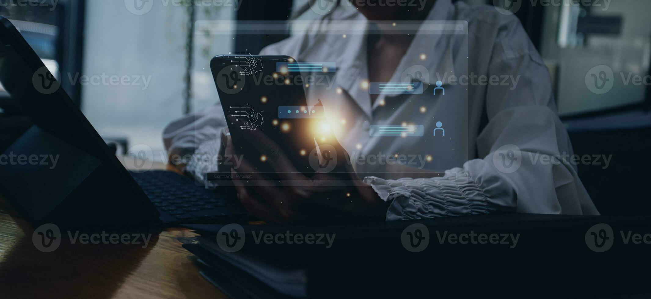 Ai Technology, Chat with AI, Artificial Intelligence. Man using technology smart robot AI, artificial intelligence by chat and command prompt for generates something, technology transformation. photo