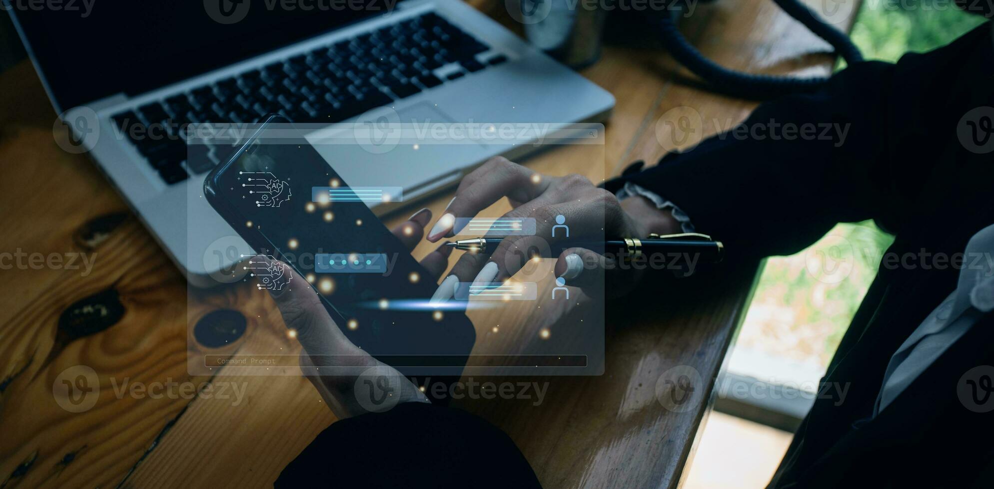 Ai Technology, Chat with AI, Artificial Intelligence. Man using technology smart robot AI, artificial intelligence by chat and command prompt for generates something, technology transformation. photo