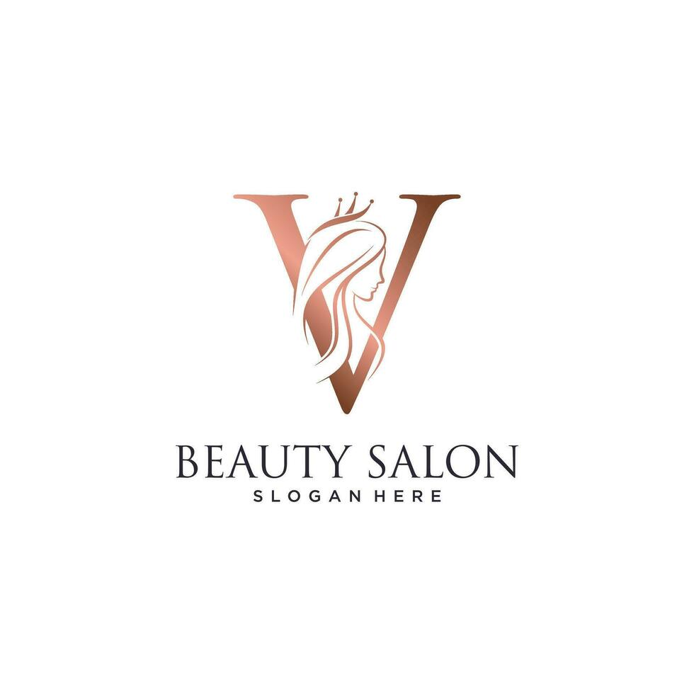 Woman beauty logo design vector illustration with letter v and crown icon