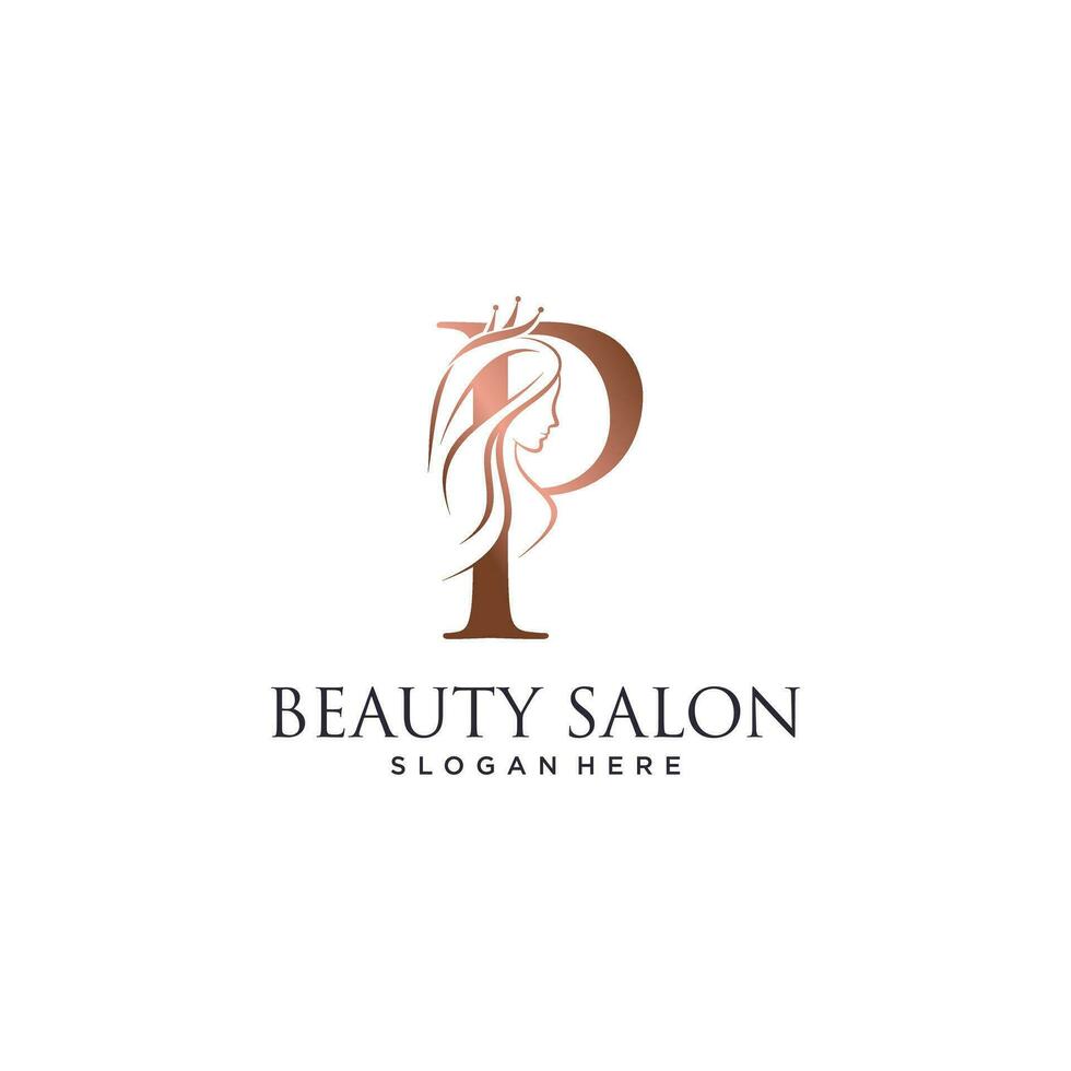 Woman beauty logo design vector illustration with letter p and crown icon