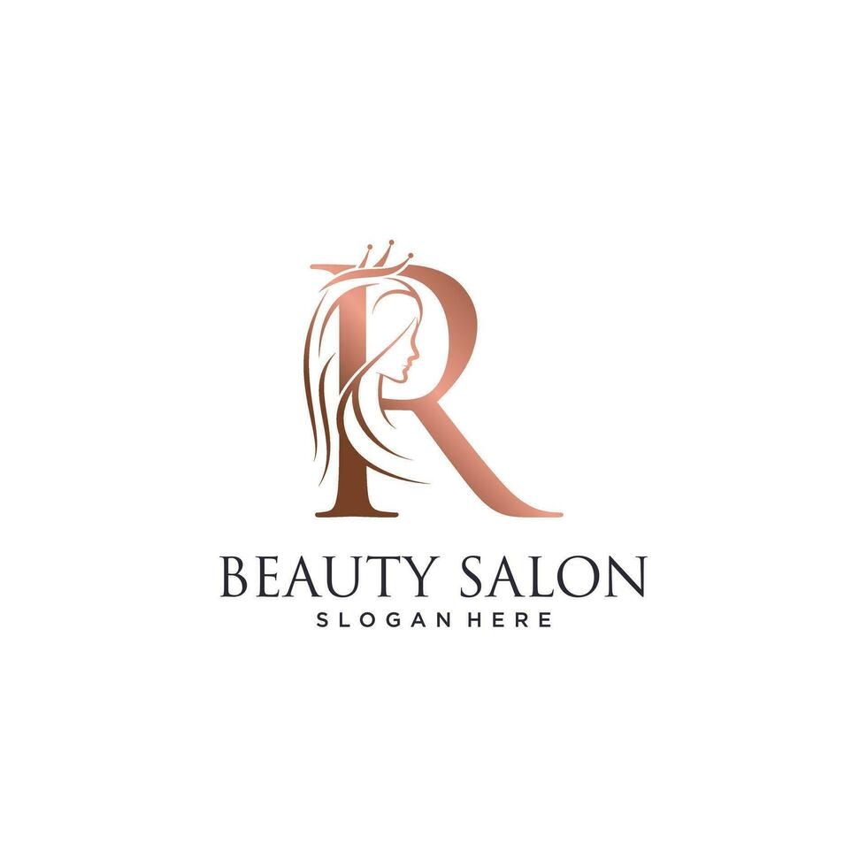 Woman beauty logo design vector illustration with letter r and crown icon