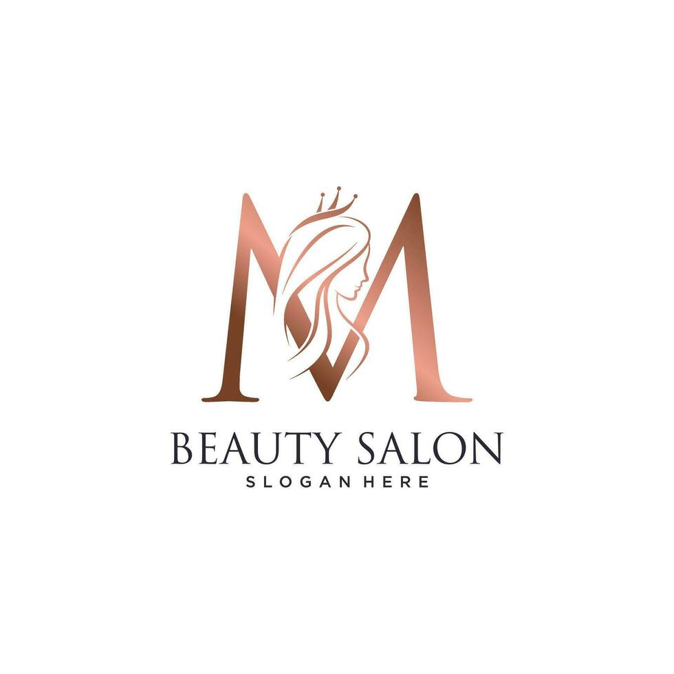 Woman beauty logo design vector illustration with letter m and crown icon