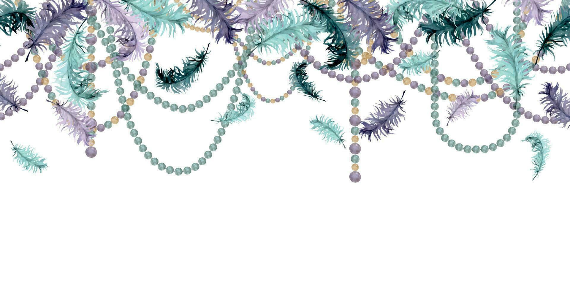 Hand drawn watercolor Mardi Gras carnival symbol. Bird feather quill plumage, garland glass bead jewel pearl strings. Seamless banner isolated on white background. Design party invitation, print, shop vector