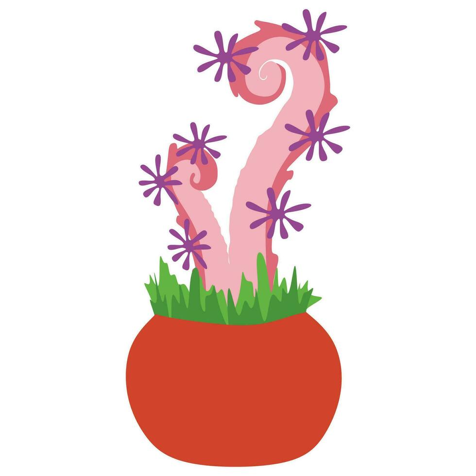 Vibrant plant illustration. Vector fantasy monster flower graphic. Flat or Cartoon Alien Botany object in Flower pot with predators and Flower on it. Vibrant colors Magic Flora isolated on white.