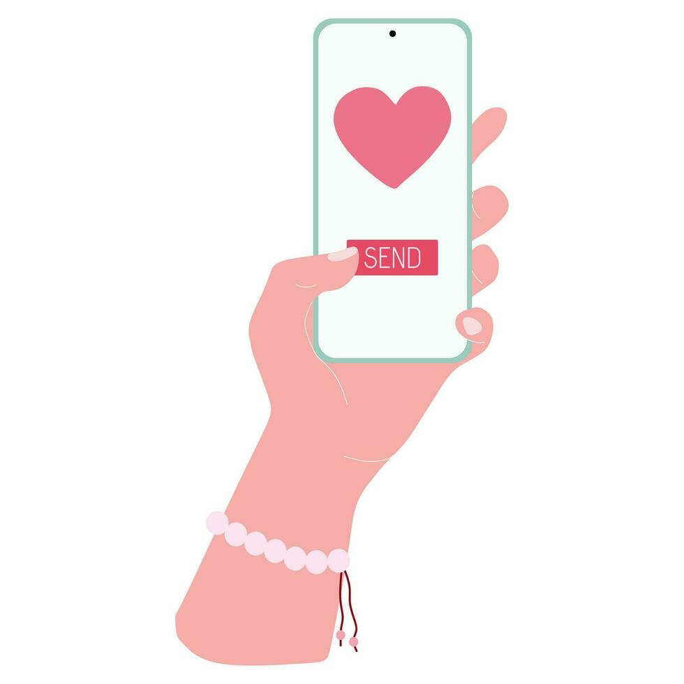 Female hand holding Smartphone with Pink Heart. Love message concept on phone screen. Hand drawn Vector Flat Cartoon illustration isolated on white background. Template for Design, Valentine, Romantic