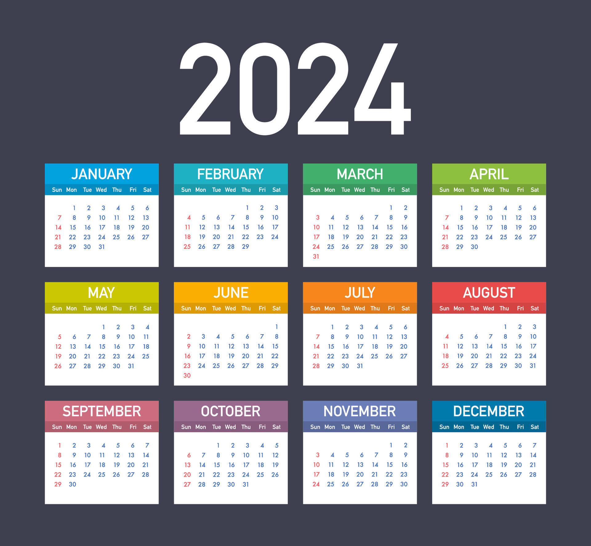 Calendario 2024 plantilla planificador 2024 a o conjunto de 12