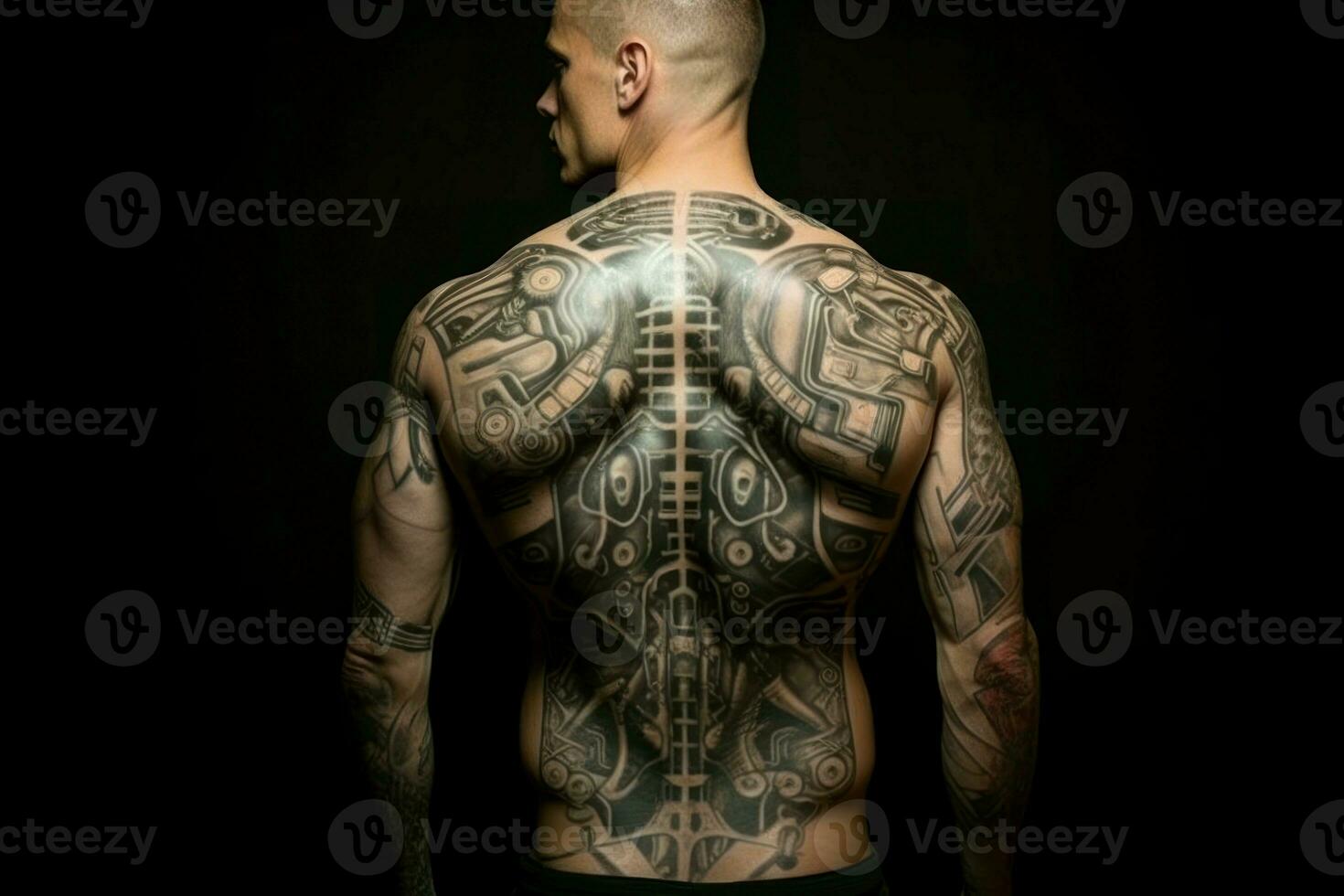 ai generado poderoso hombre tatuajes músculo. generar ai foto