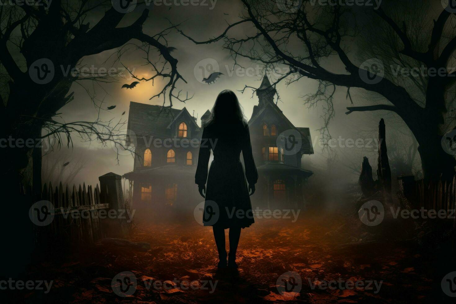 AI generated Enchanting Woman halloween house. Generate Ai photo