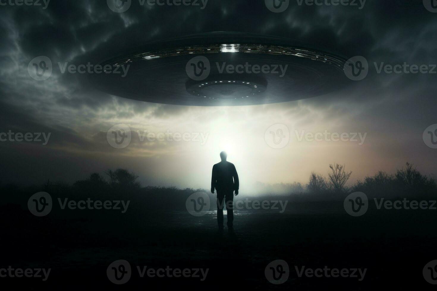 AI generated Fearful Man near ufo. Generate Ai photo