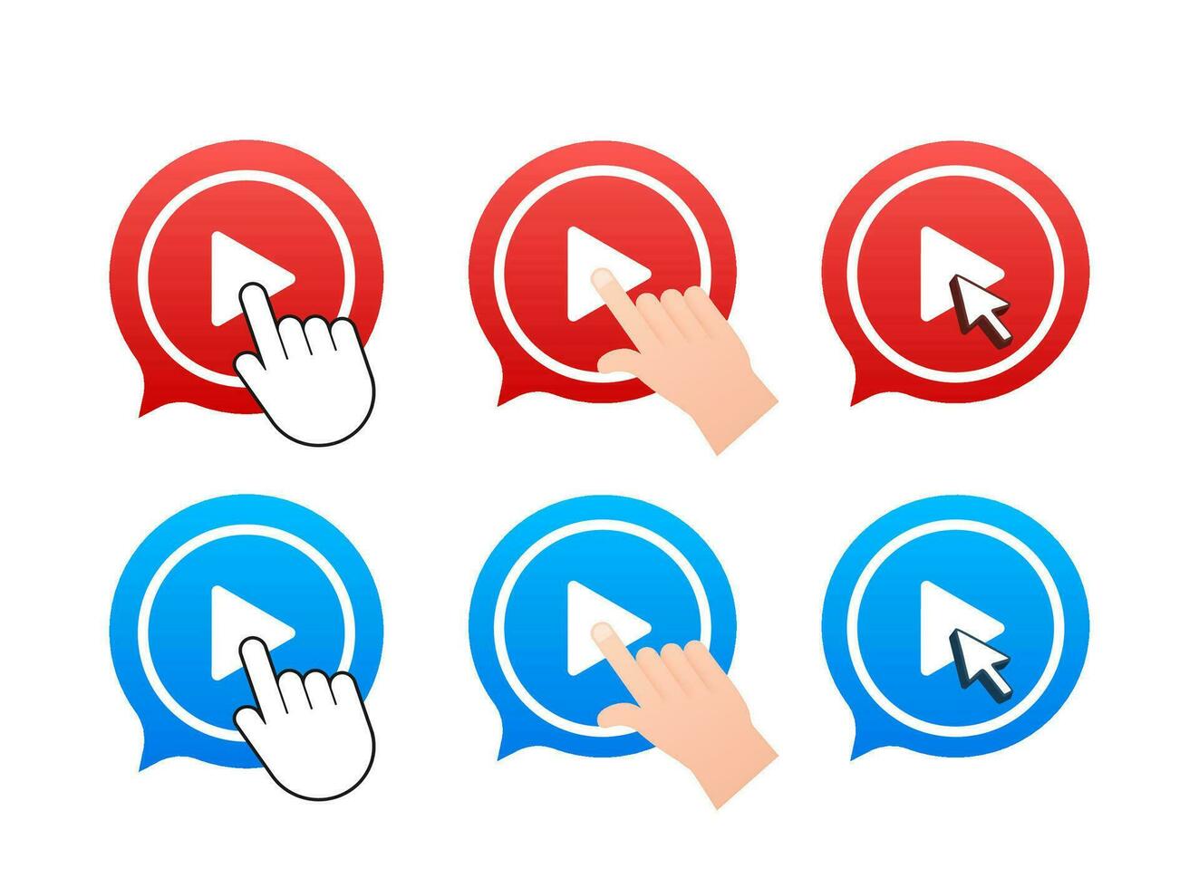 Set Hand pushing play button. Button video player with finger click. Watch now label. Vector stock illustration