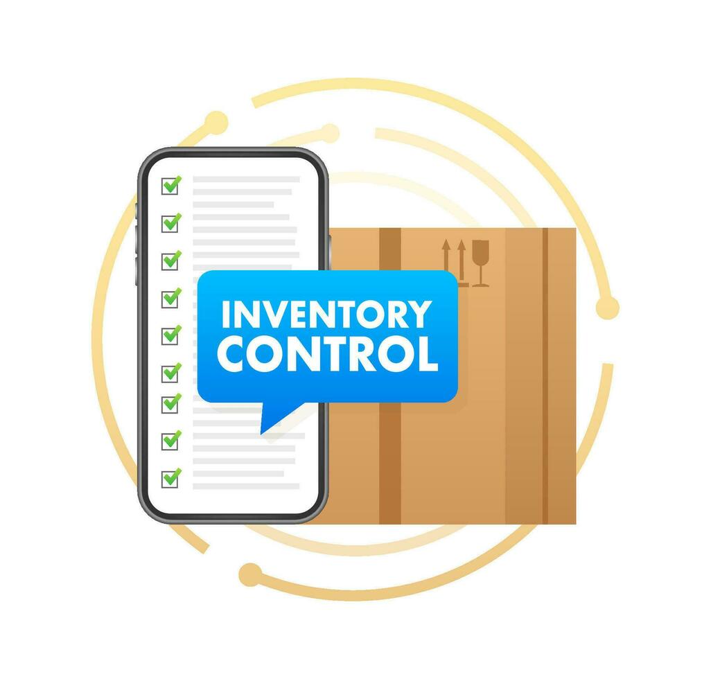 Smartphone with a box on the screen with text Inventory Control on Speech Bubble. Inventory Management. Vector stock illustration