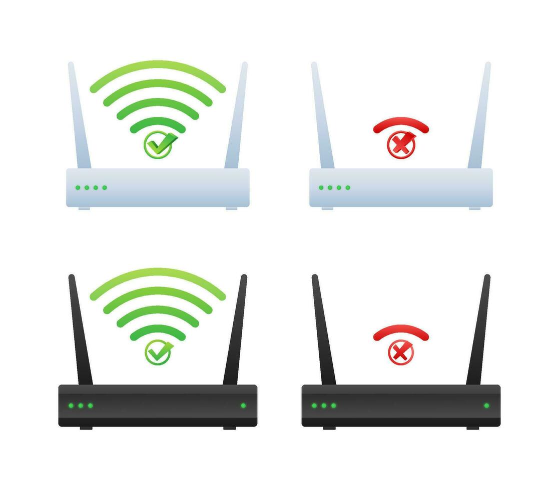 Different wifi routers with different symbols. Network Wi-Fi router. Wireless ethernet modem. Vector stock illustration