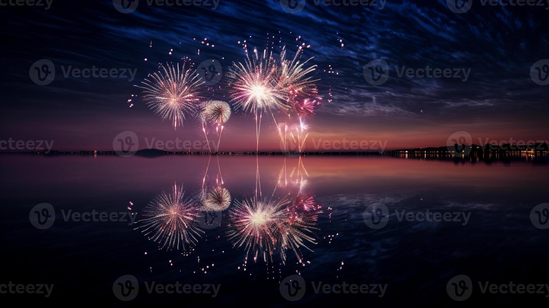 AI generated capture the reflection of fireworks on the surface of a calm body of water. Generative AI photo