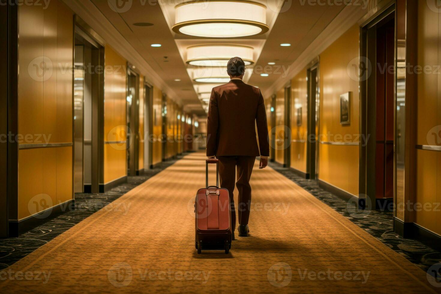 ai generado robusto hombre maleta equipaje en hotel. generar ai foto