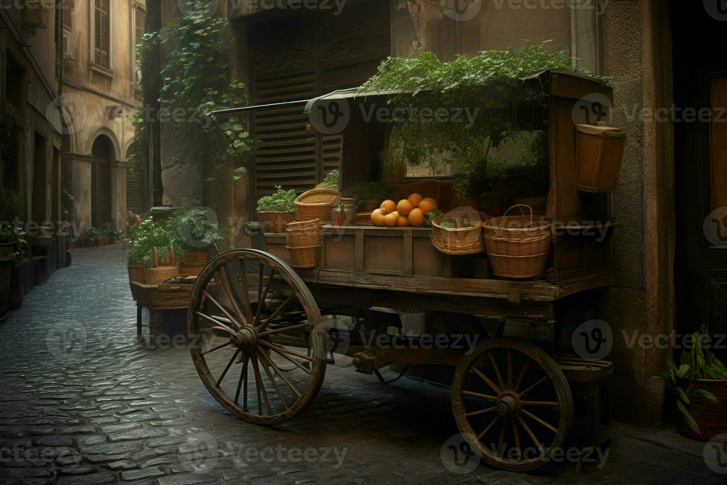 Vintage wooden cart street vegetables stall. Generate ai photo