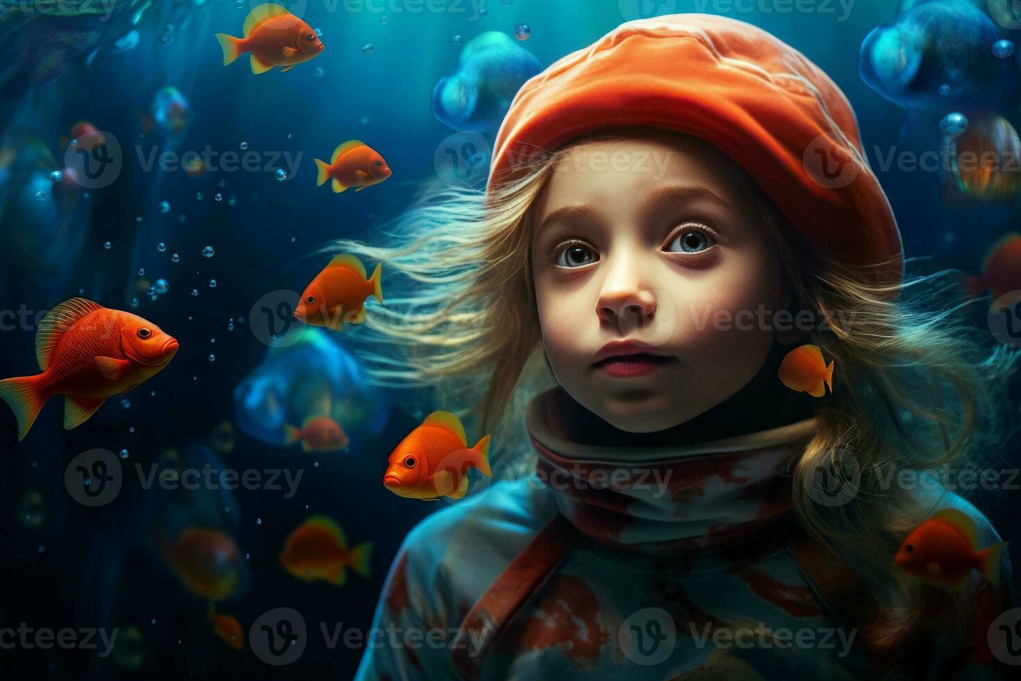 AI generated Whimsical Little girl undersea world. Generate AI photo