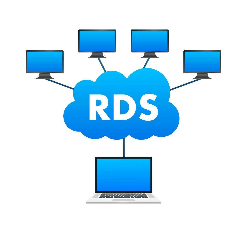 Laptop with a cloud with RDS on it. Remote Desktop Services. Vector stock illustration