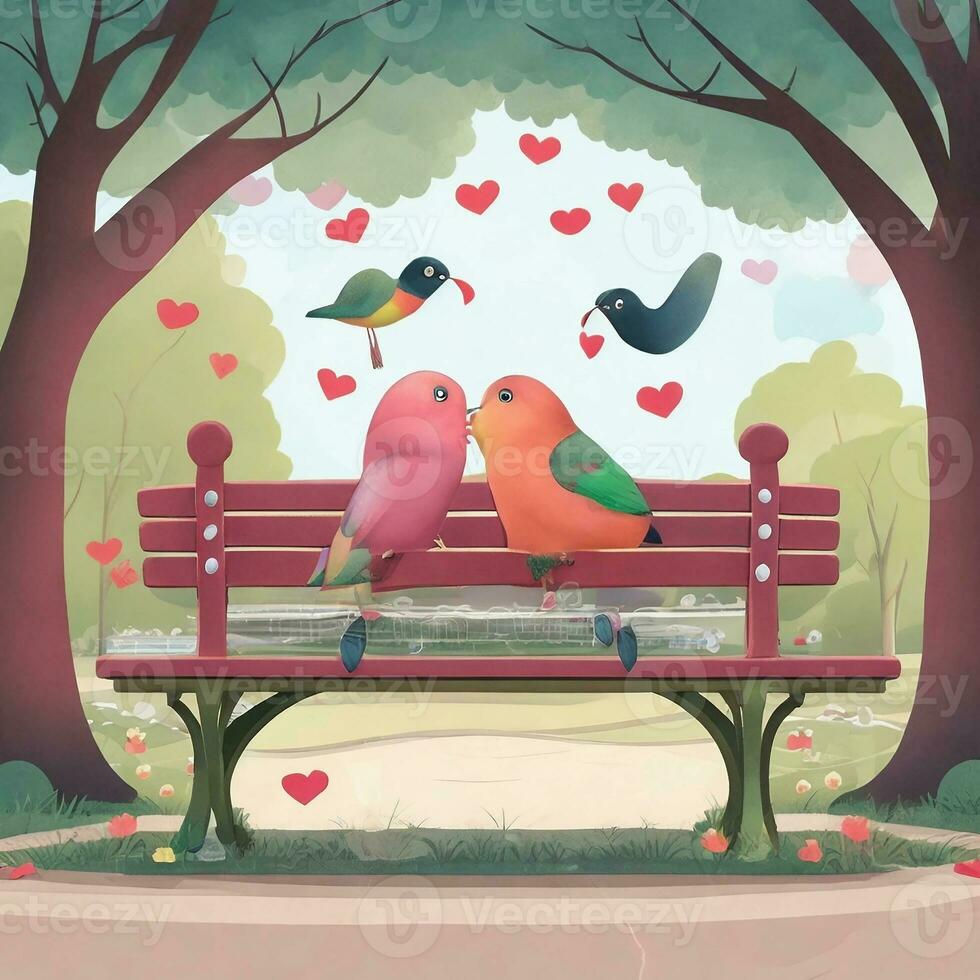 AI generated A playful and whimsical scene of two lovebirds sharing a kiss on a park bench, Ai generated photo