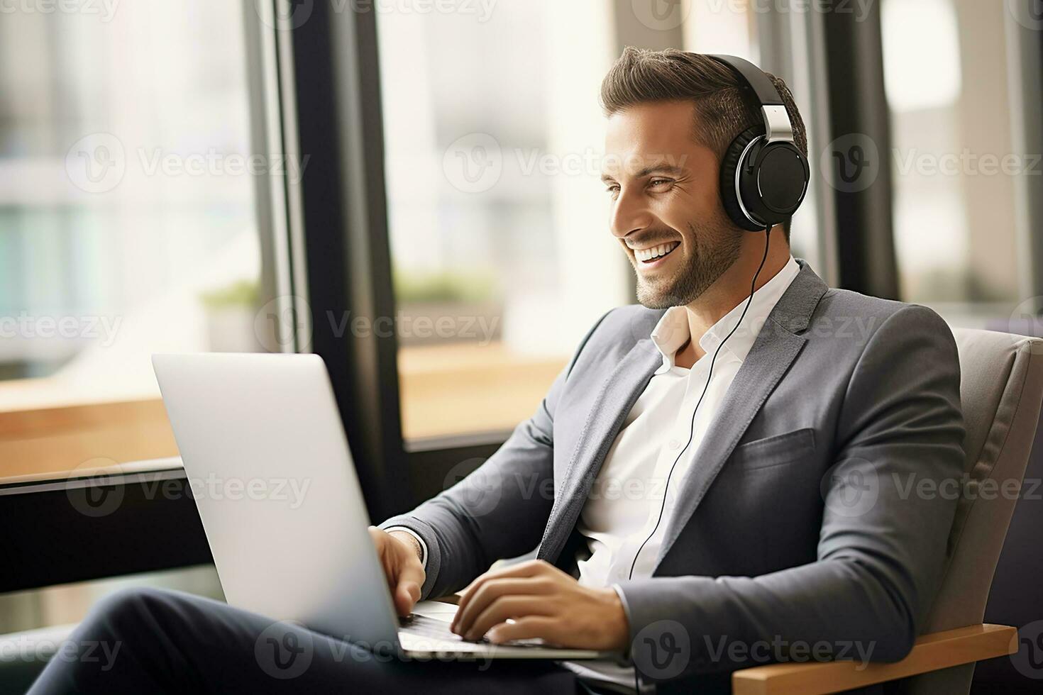 AI generated Man listening music while working on laptop photo