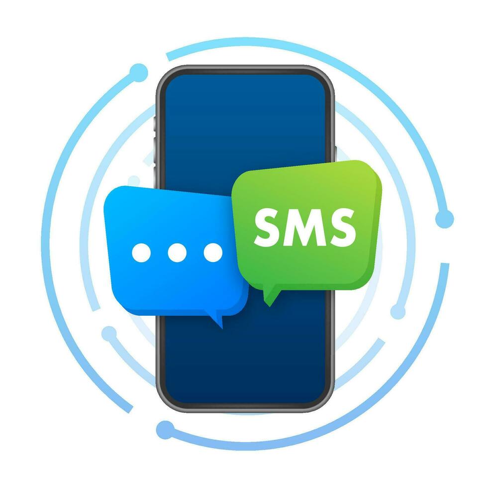 Blue and green speech Bubbles with the word Sms on them. Mobile mail marketing, e-commerce, internet advertising and promotion vector