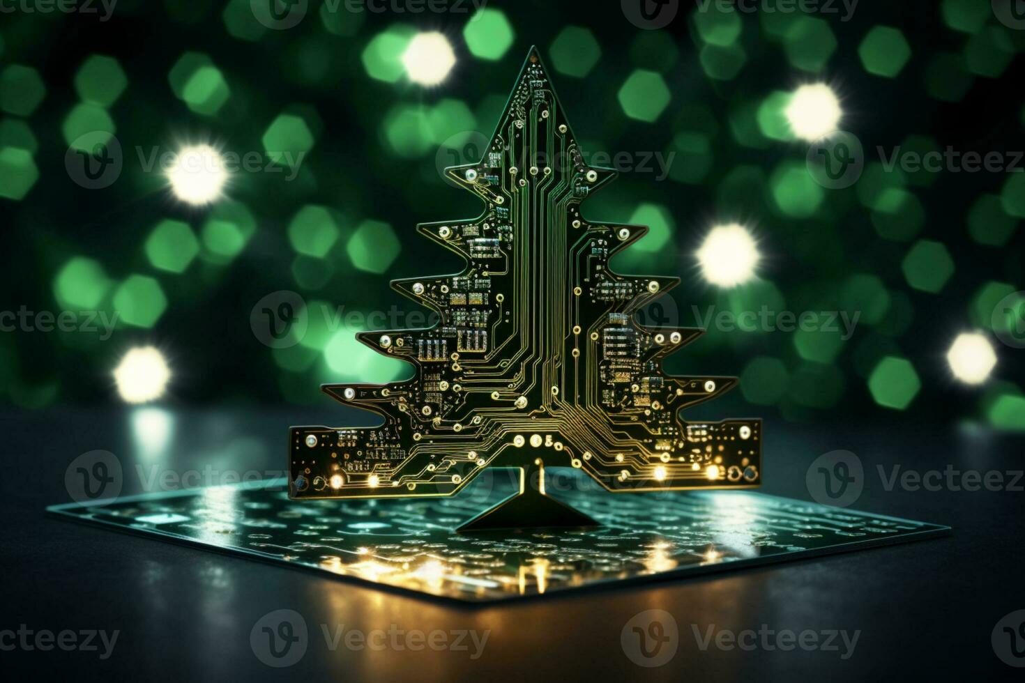 AI generated Christmas tree made with circuit board technology concept photo