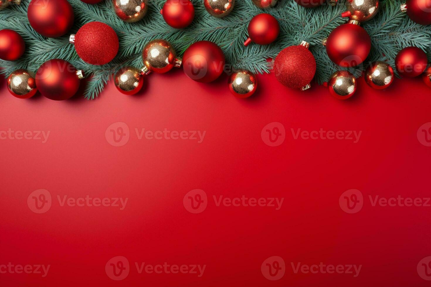 AI generated christmas holidays composition of fir tree branches with baubles and copy space photo