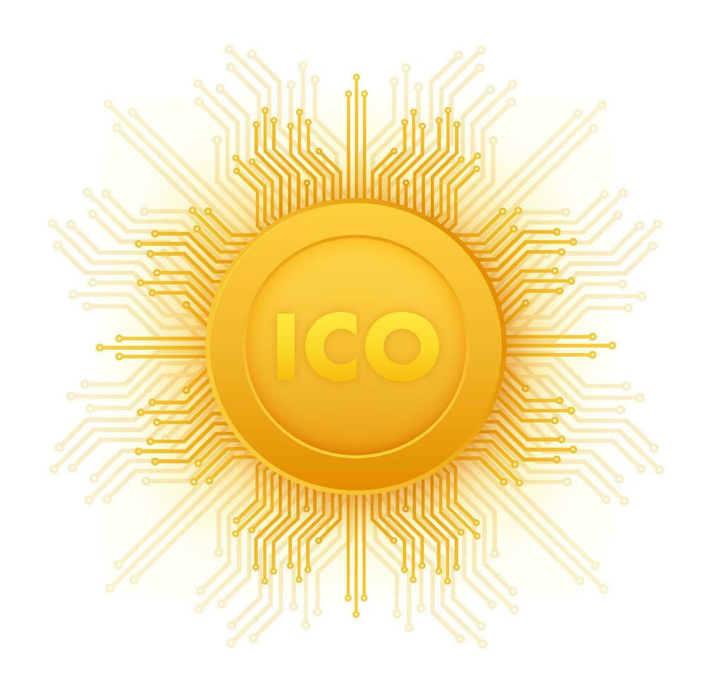 ICO, initial coin offering. ICO Token production process. Vector stock illustration