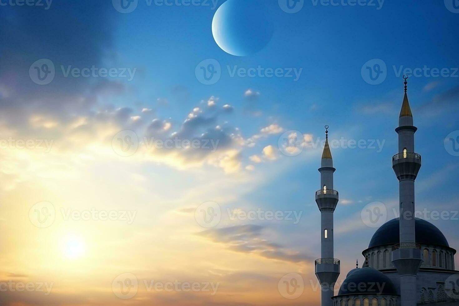 AI generated Ramadan Kareem. Tall minarets, mosque dome and crescent and shining star in the sky. Religious background. photo