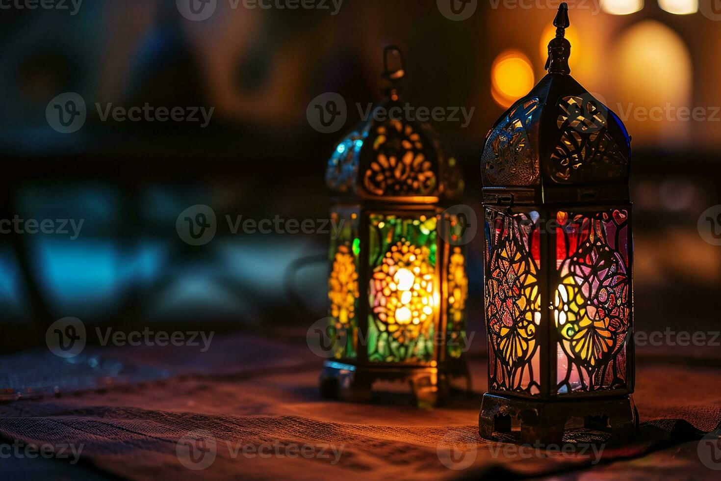 AI generated Ornamental Arabic lantern with burning candle glowing at night invitation for Muslim holy month Ramadan Kareem photo