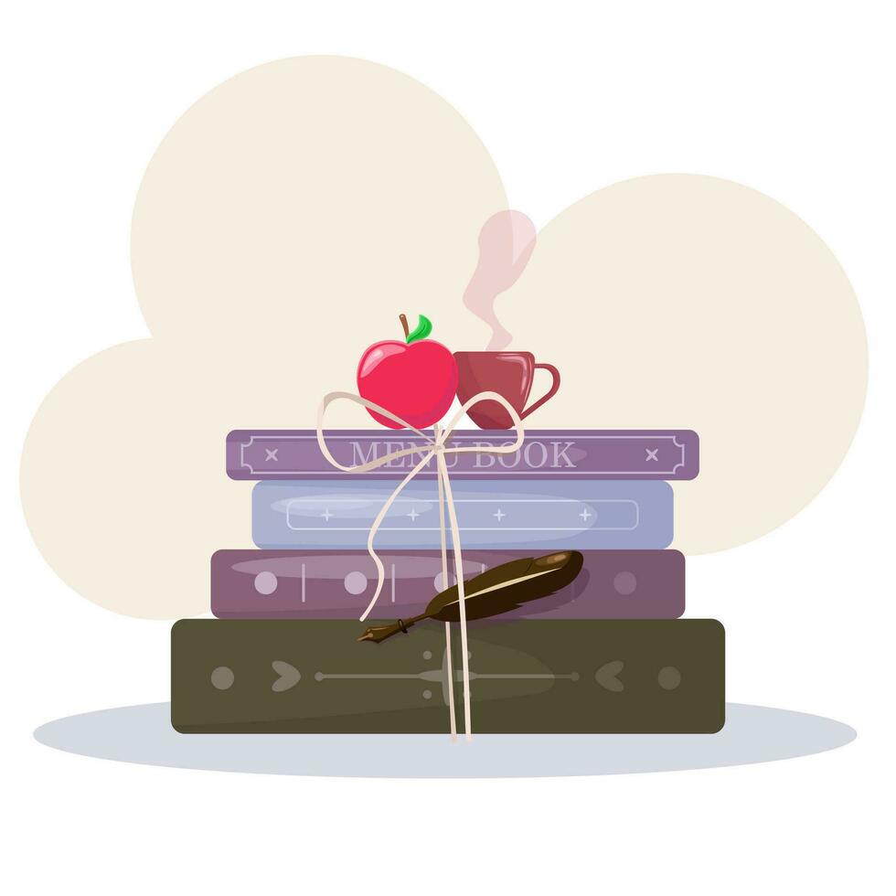vector ilustración menú libro con taza té y manzana ornamento