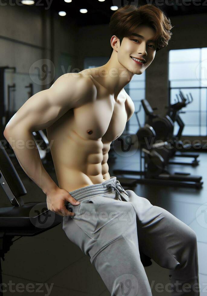 AI generated Young Asian male model, bright smile, good figure, exercise background at the gym, high resolution. The whole picture is sharp. Generate AI photo