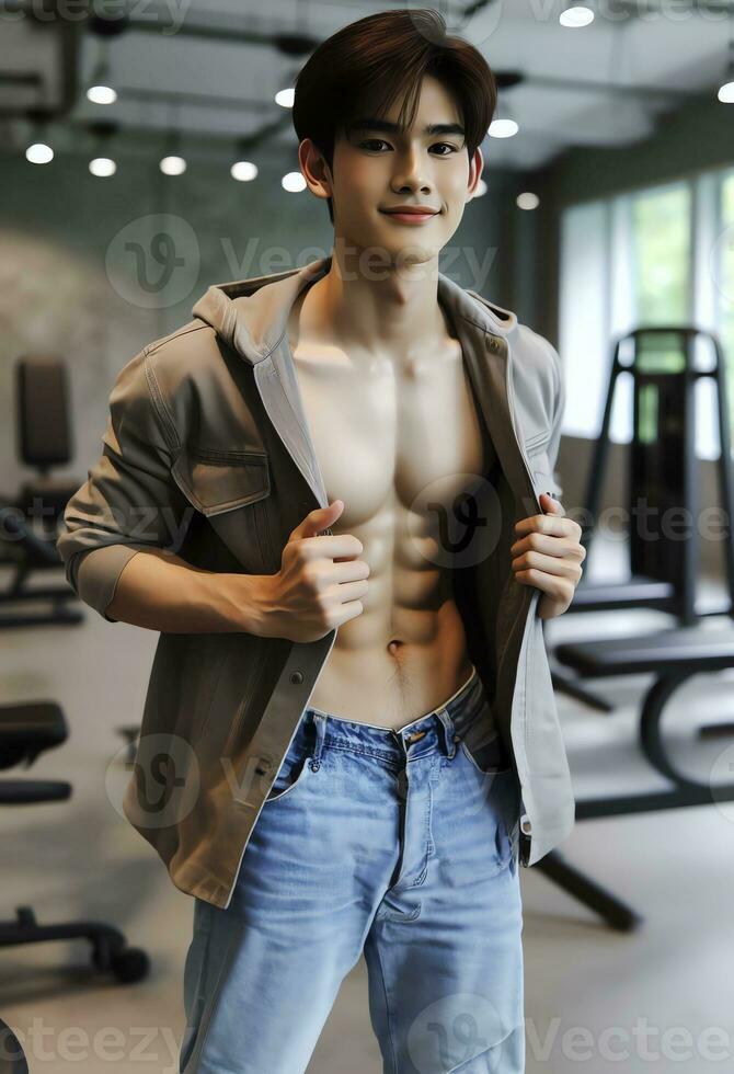 AI generated Young Asian male model, bright smile, good figure, exercise background at the gym, high resolution. The whole picture is sharp. Generate AI photo