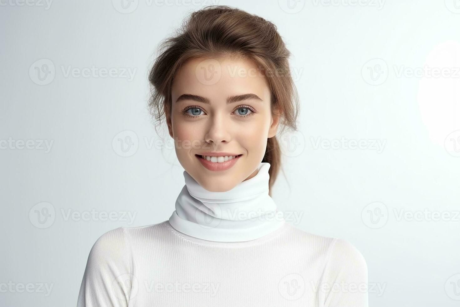AI generated portrait of happy woman wearing high-necked on white isolated background photo