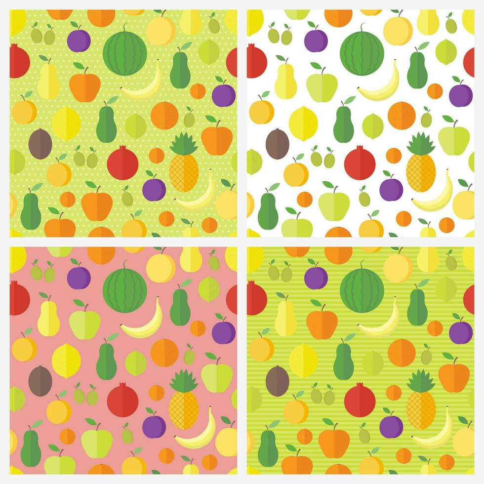 Set of bright seamless patterns with fresh fruits flat vector