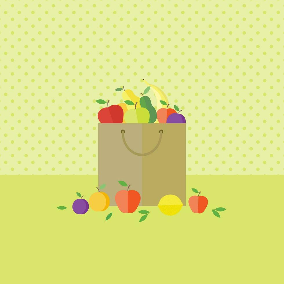 A paper bag with various fruits on the kitchen table vector