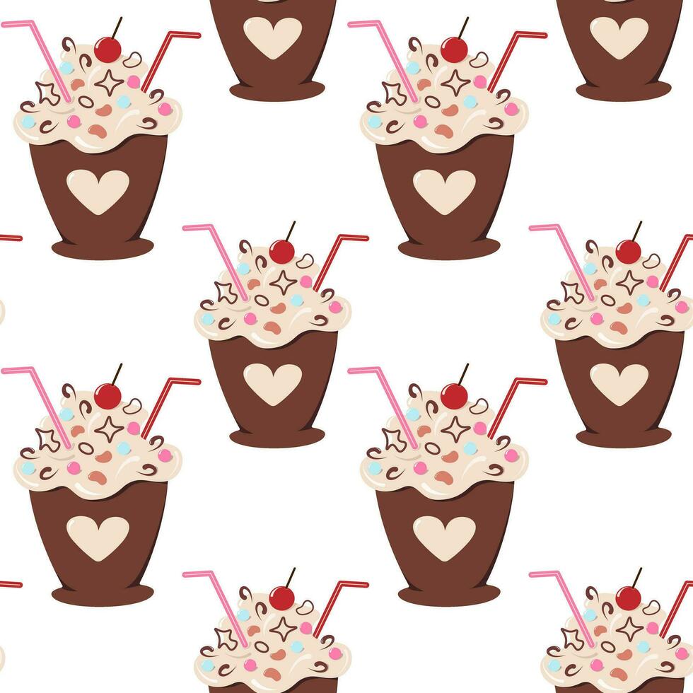 Seamless pattern of dessert in a cup with cocktail straw decoration and cream in trendy soft shades vector