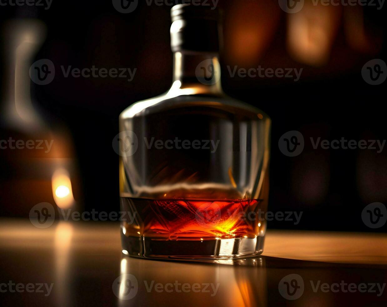 AI generated glass with brandy on a wooden background. photo